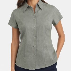 Preston & York Linen Button Front
Blouse Size 16 Sage Green Short Sleeve Top
